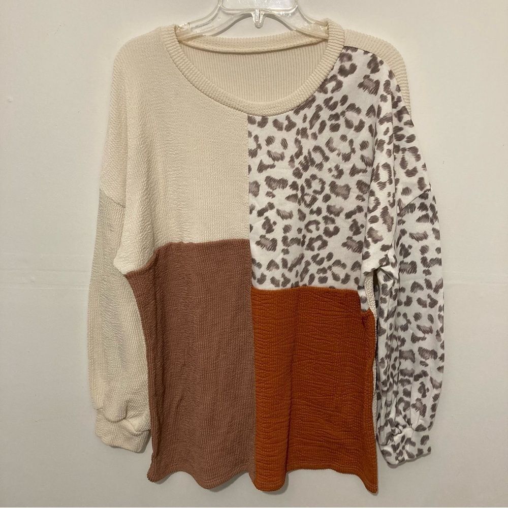 Boutique Color Block Leopard Round Neck Sweatshirt Women’s XL Ruffles Stretch
